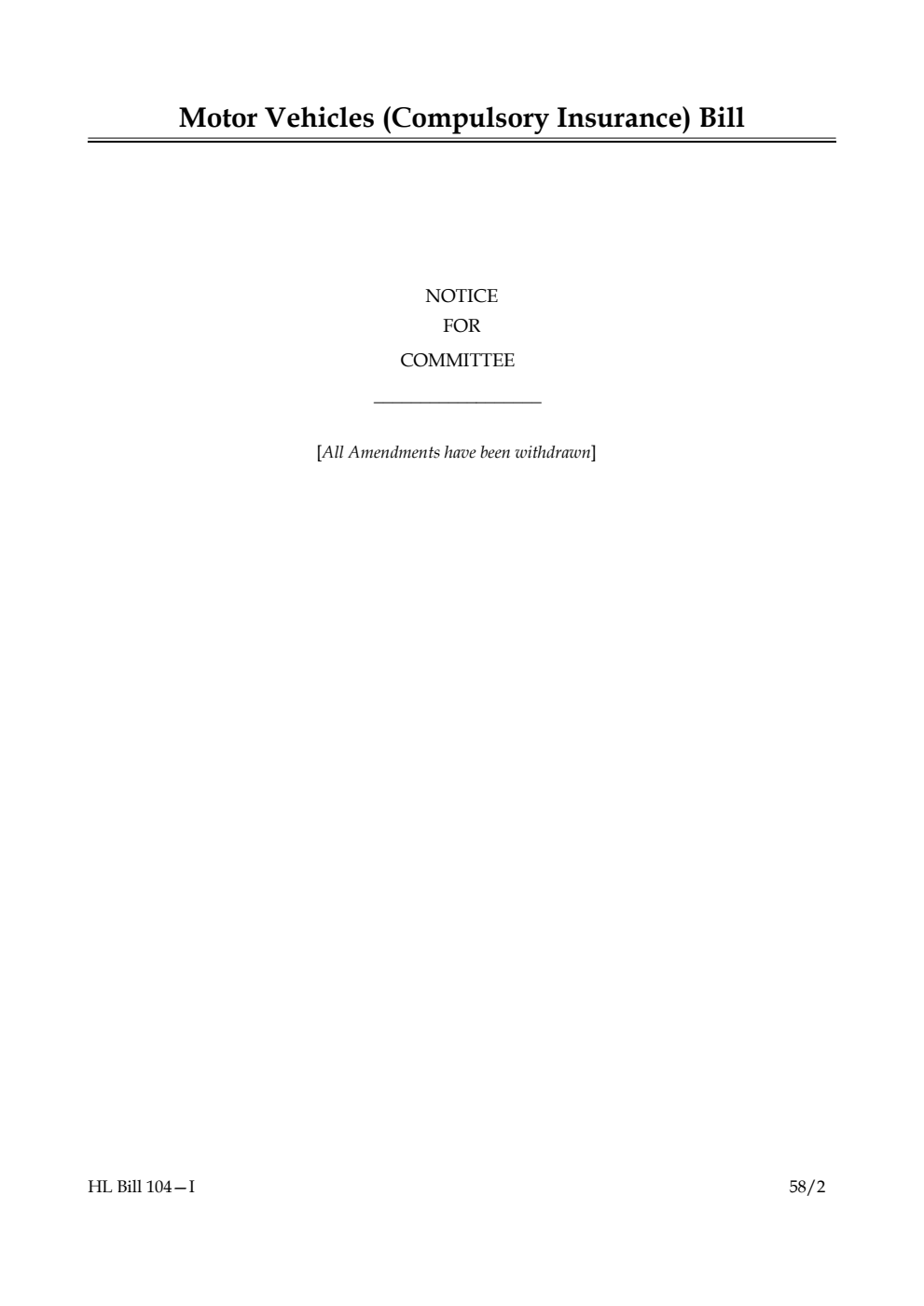 Motor Vehicles (Compulsory Insurance) Bill Notice for Committee