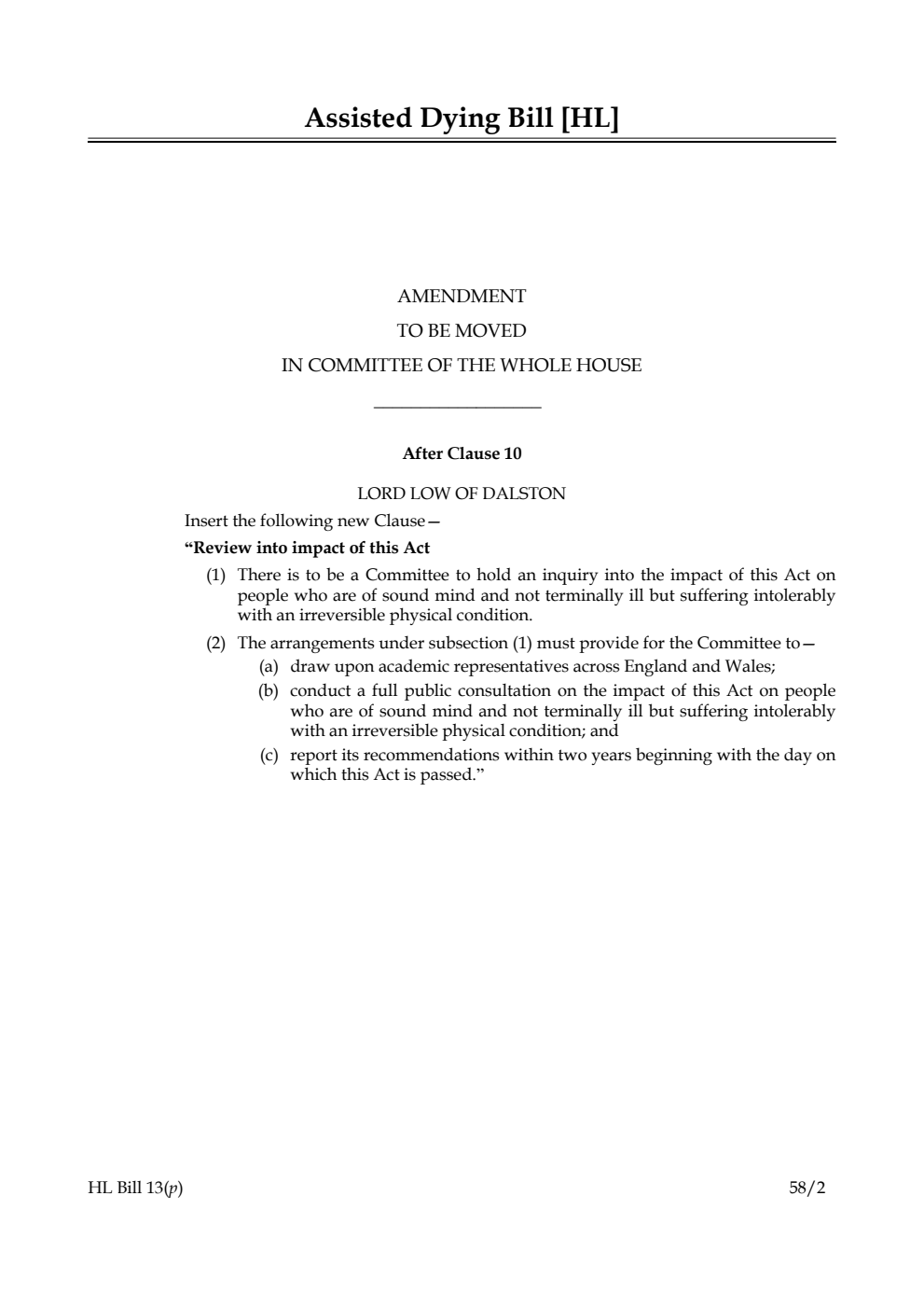 Assisted Dying Bill Amendment to be moved in Committee of the Whole House