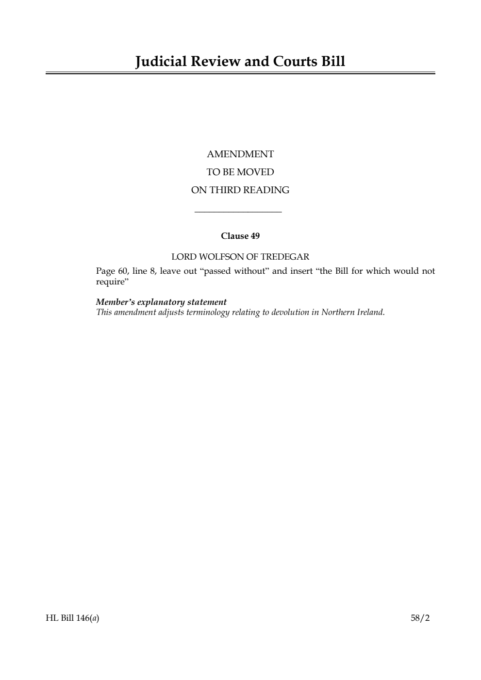 Judicial Review and Courts Bill Amendment to be moved on third reading