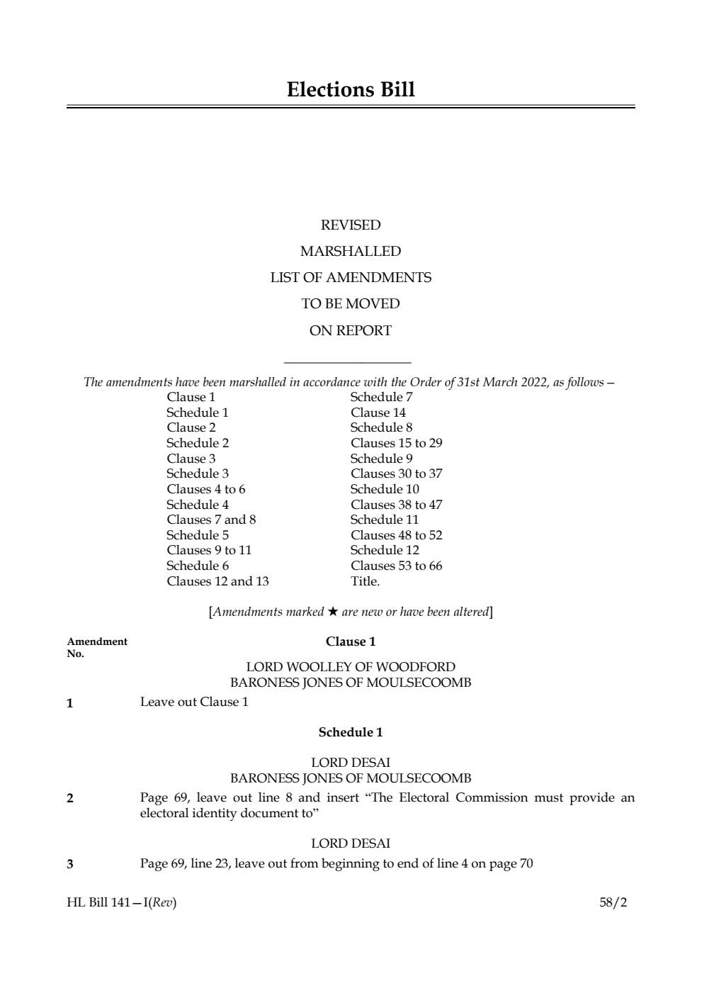 Elections Bill Revised Marshalled List of Amendments to be moved on report