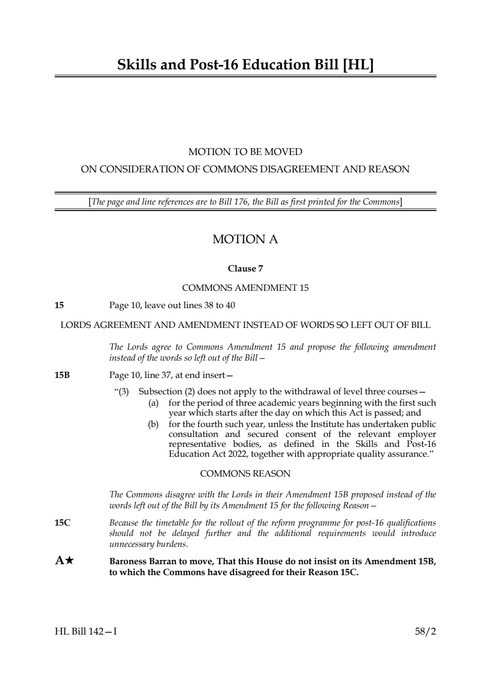 Skills and Post-16 Education Bill Motion to be moved on consideration of Commons disagreement and reasons