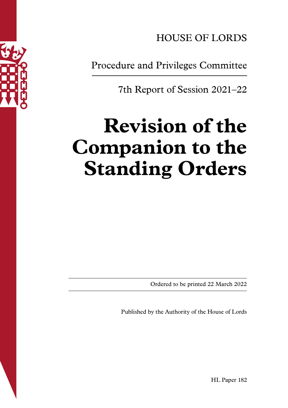 Procedure and Privileges Committee 7th Report. Revision of the Companion to the Standing Orders