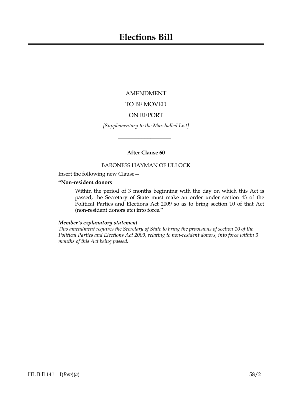 Elections Bill Amendment to be moved on Report [Supplementary to the Marshalled List]