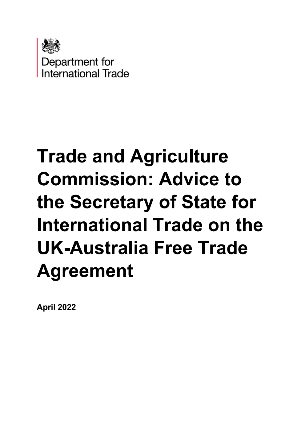 Trade and Agriculture Commission: Advice to the Secretary of State for International Trade on the UK-Australia Free Trade Agreement