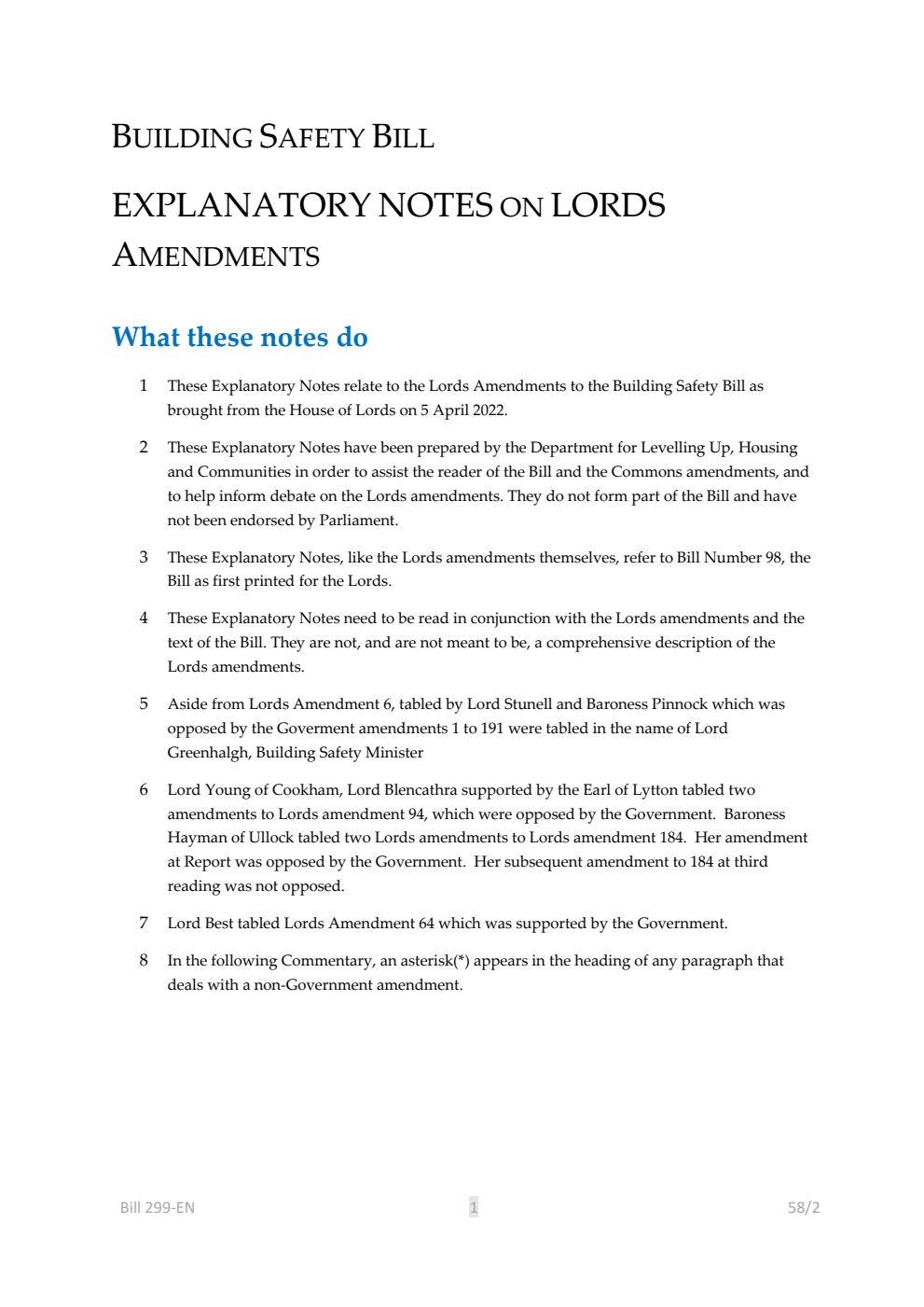 Building Safety Bill Explanatory Notes on Lords Amendments
