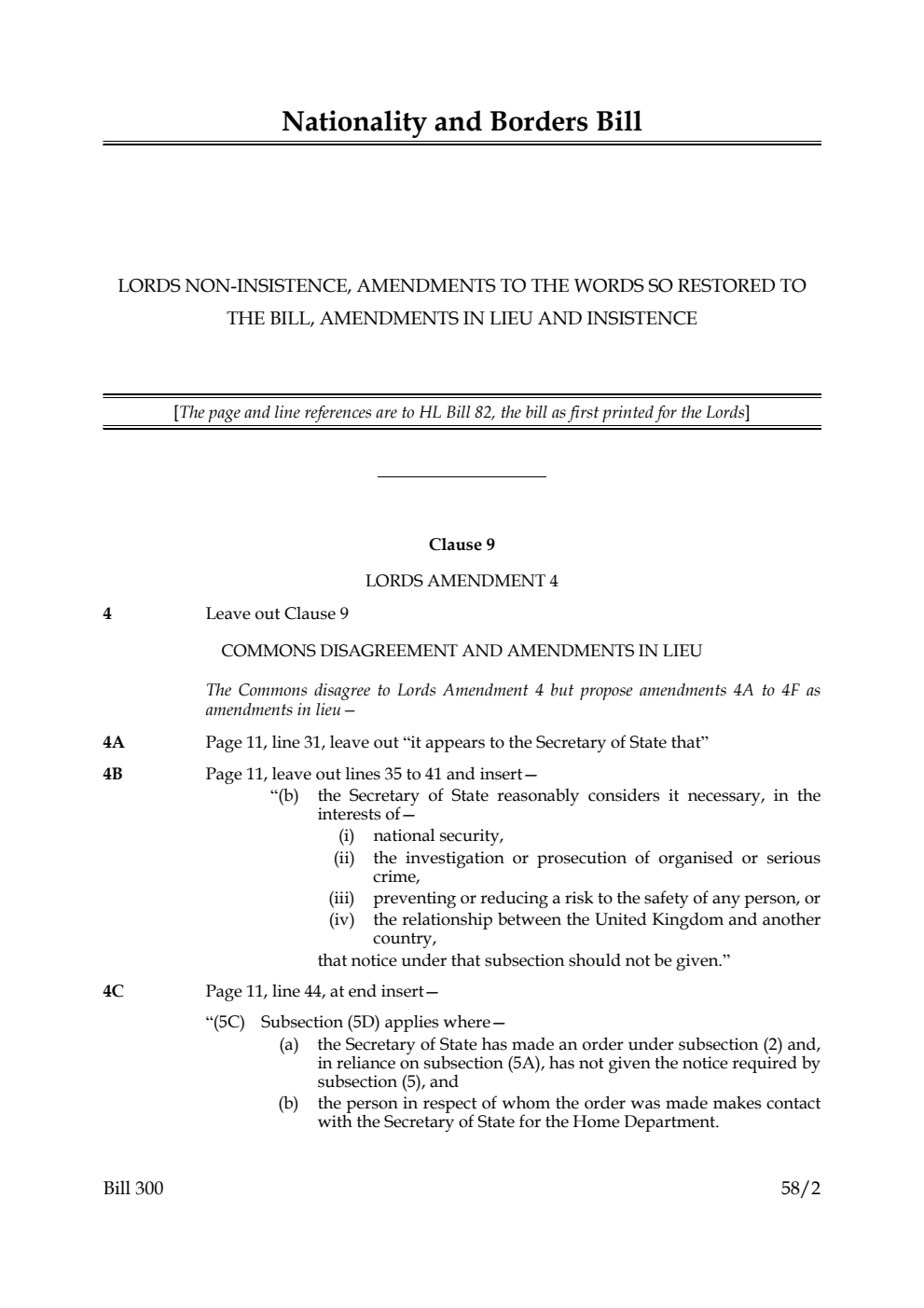 Nationality and Borders Bill Lords non-insistence, amendments to the words so restored to the Bill, amendments in lieu and insistence