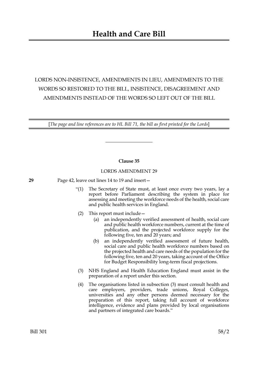 Health and Care Bill Lords non-insistence, amendments in lieu, amendments to the words so restored to the Bill, insistence, disagreement and amendments instead of the words so left out of the Bill