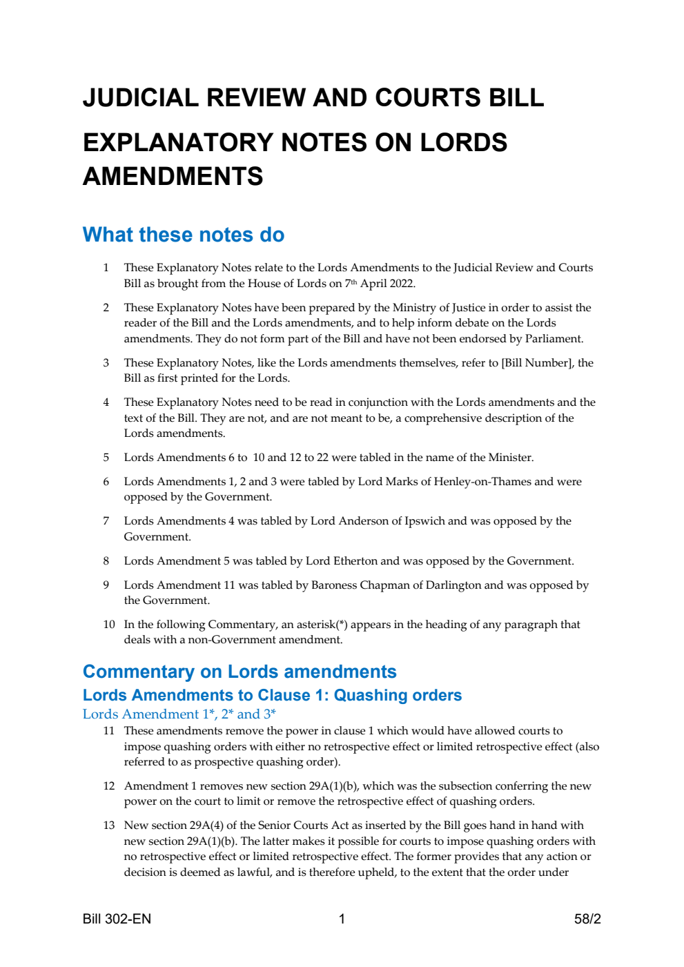 Judicial Review and Courts Bill Explanatory Notes on Lords Amendments