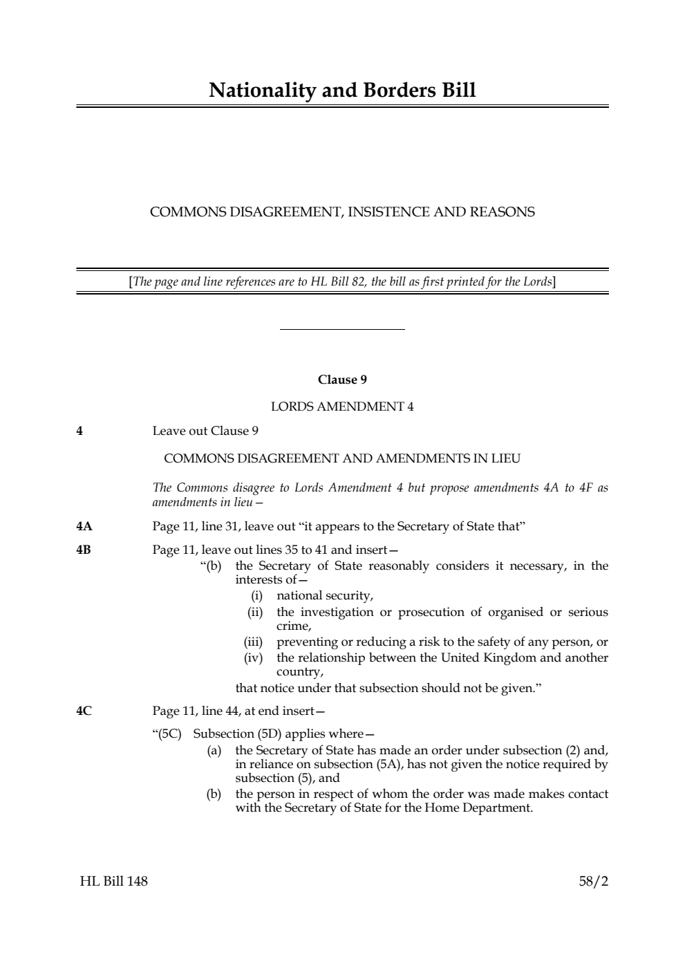 Nationality and Borders Bill Commons disagreement, insistence and reasons