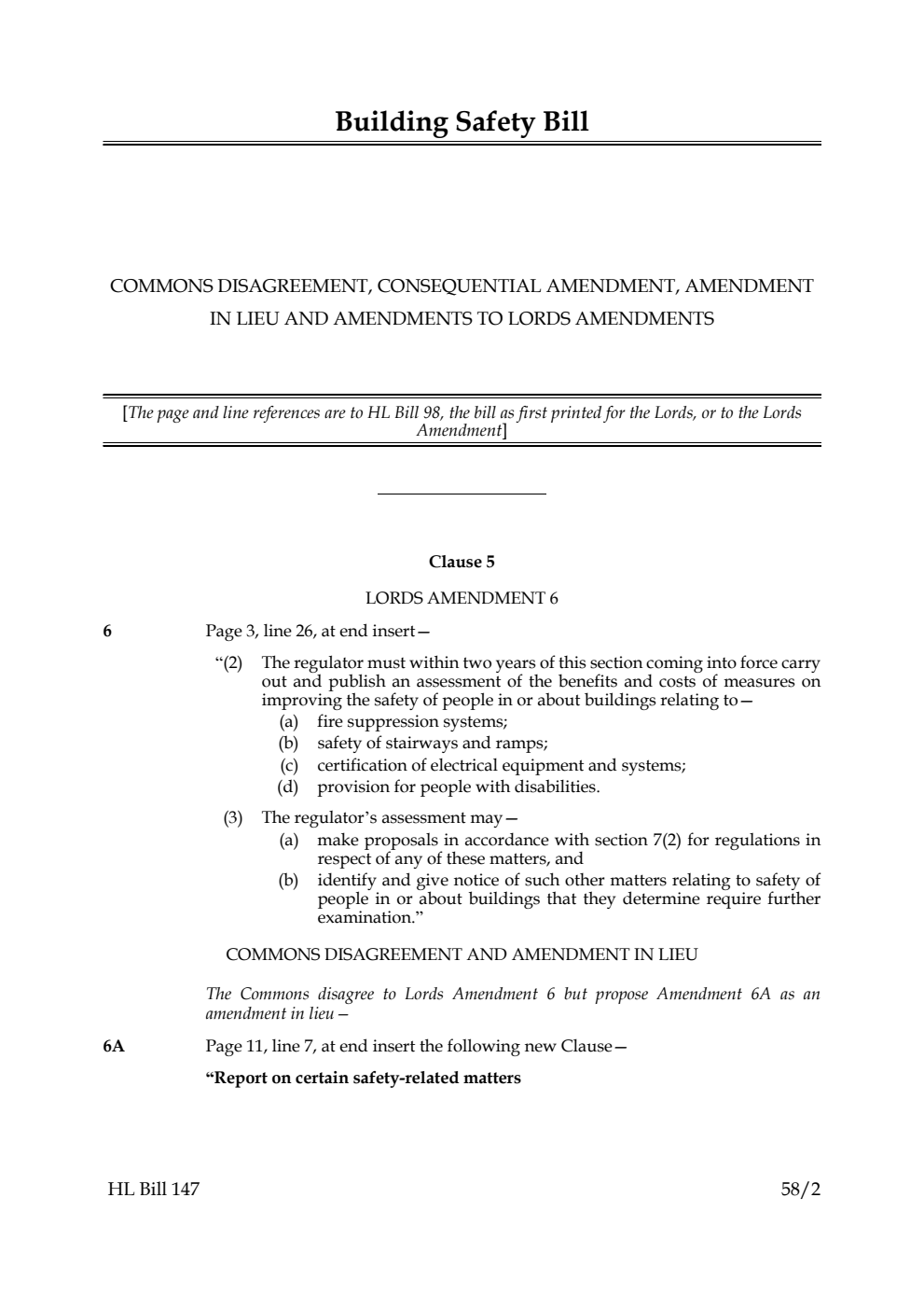Building Safety Bill Commons disagreement, consequential amendment, amendment in lieu and amendments to Lords amendments