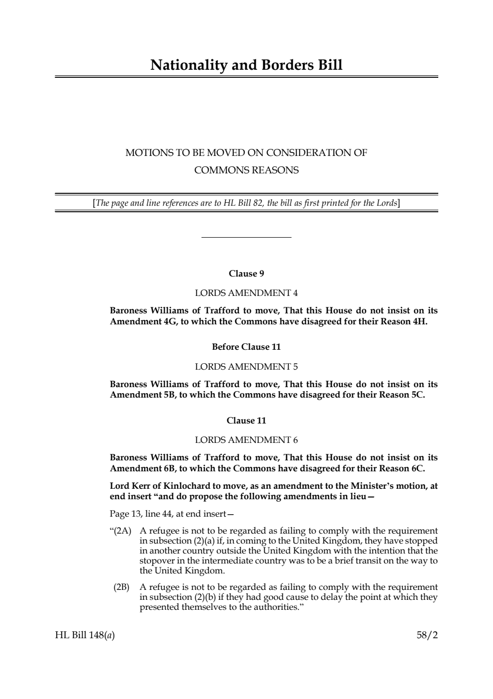 Nationality and Borders Bill Motions to be moved on consideration of Commons reasons and amendments