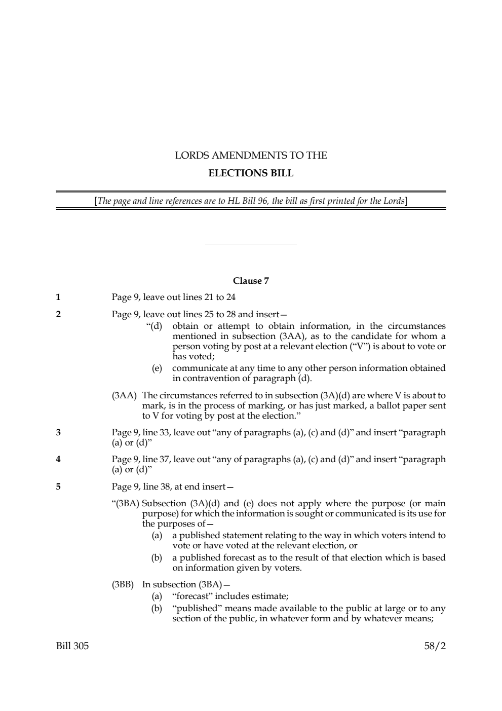 Lords Amendments to the Elections Bill
