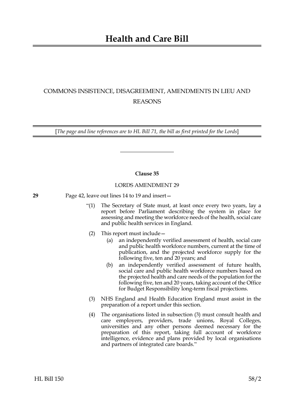 Health and Care Bill Commons insistence, disagreement, amendments in lieu and reasons