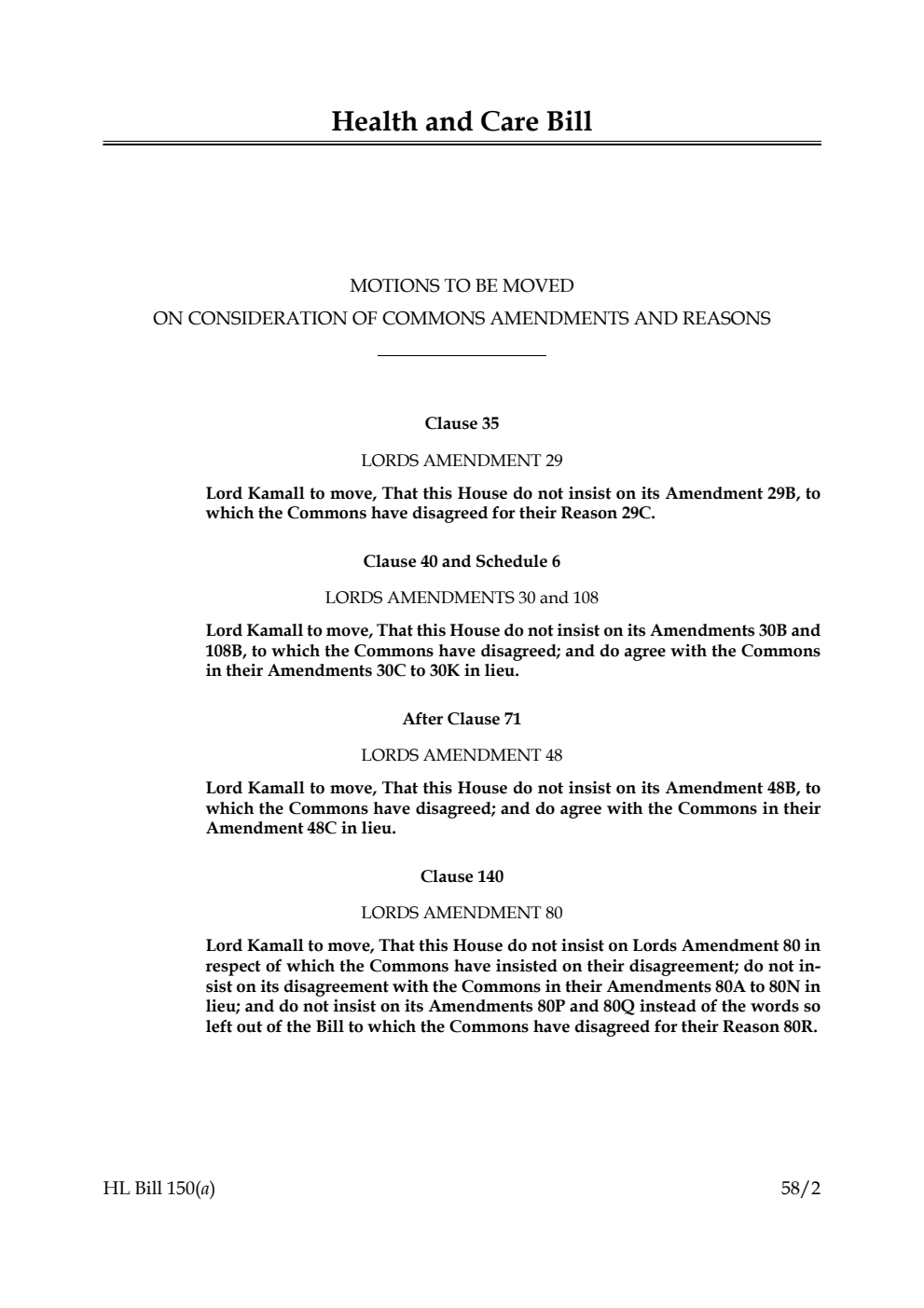 Health and Care Bill Motions to be moved on consideration of Commons amendments and reasons