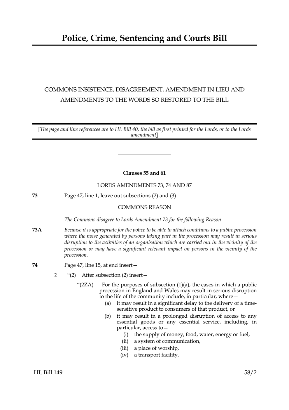 Police, Crime, Sentencing and Courts Bill Commons insistence, disagreement, amendment in lieu and amendments to the words so restored to the Bill
