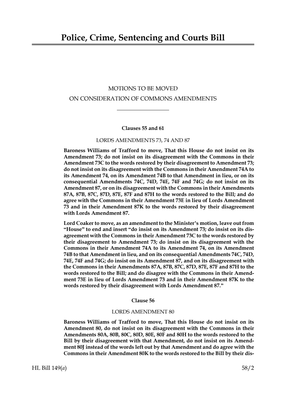 Police, Crime, Sentencing and Courts Bill Motions to be moved on Consideration of Commons amendments