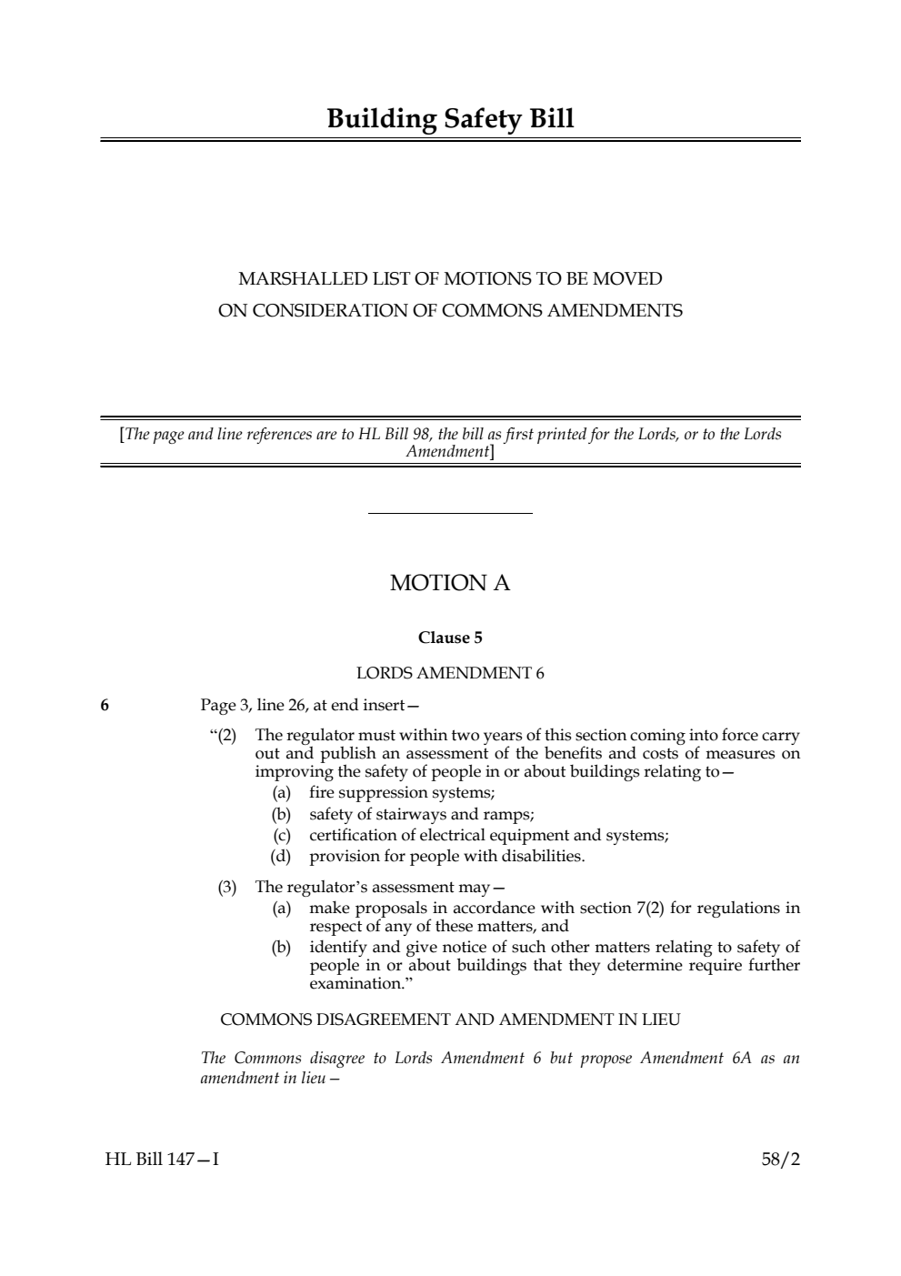 Building Safety Bill Marshalled List of motions to be moved on consideration of Commons amendments