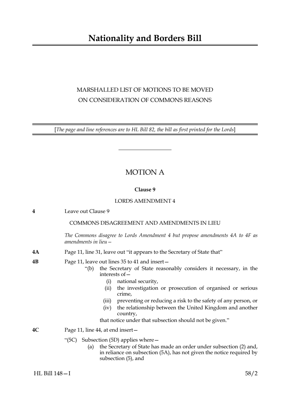 Nationality and Borders Bill Marshalled List of motions to be moved on consideration of Commons reasons