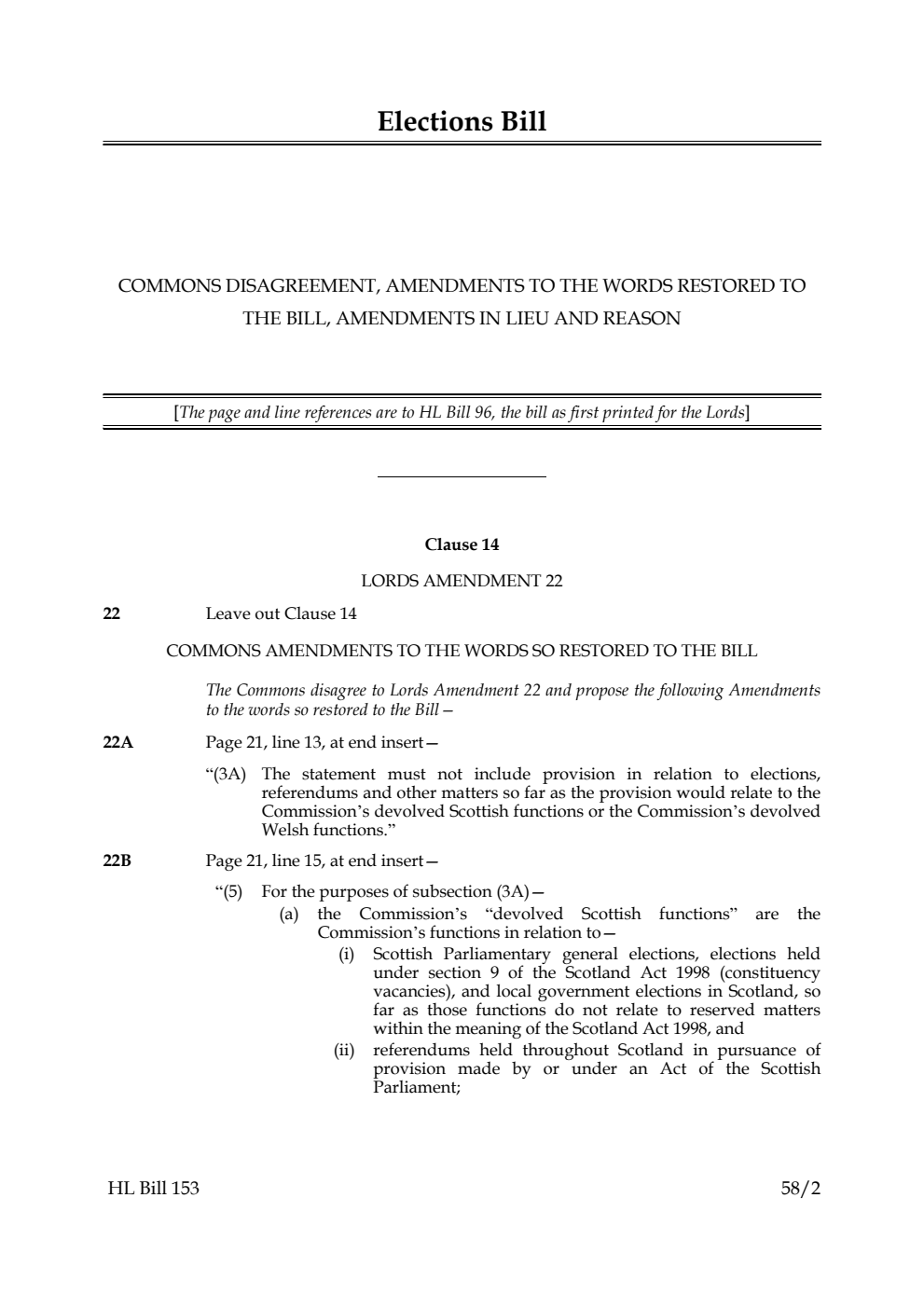 Elections Bill Commons disagreement, amendments to the words restored to the Bill, amendments in lieu and reason