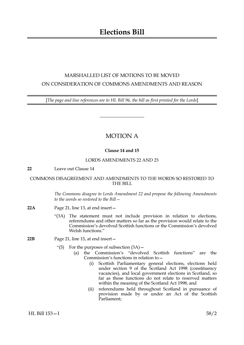 Elections Bill Marshalled List of motions to be moved on consideration of Commons amendments and reason