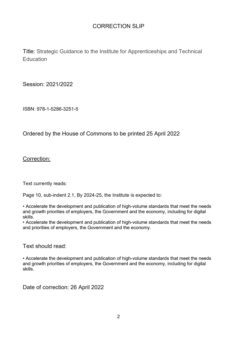 Strategic Guidance to the Institute for Apprenticeships and Technical Education 2022-2023 Correction Slip, April 2022