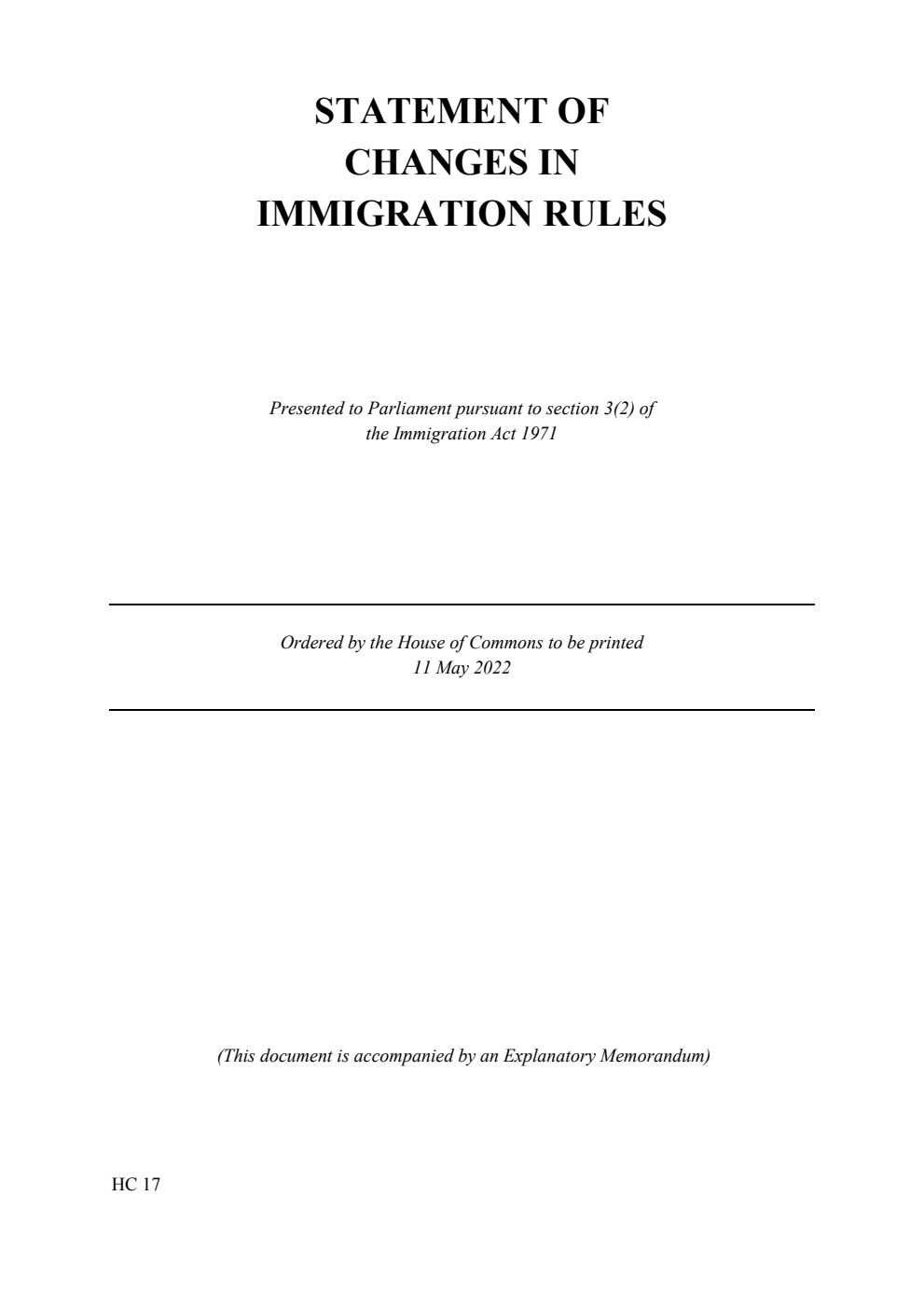Statement of Changes in Immigration Rules, The changes take effect from 11th May 2022