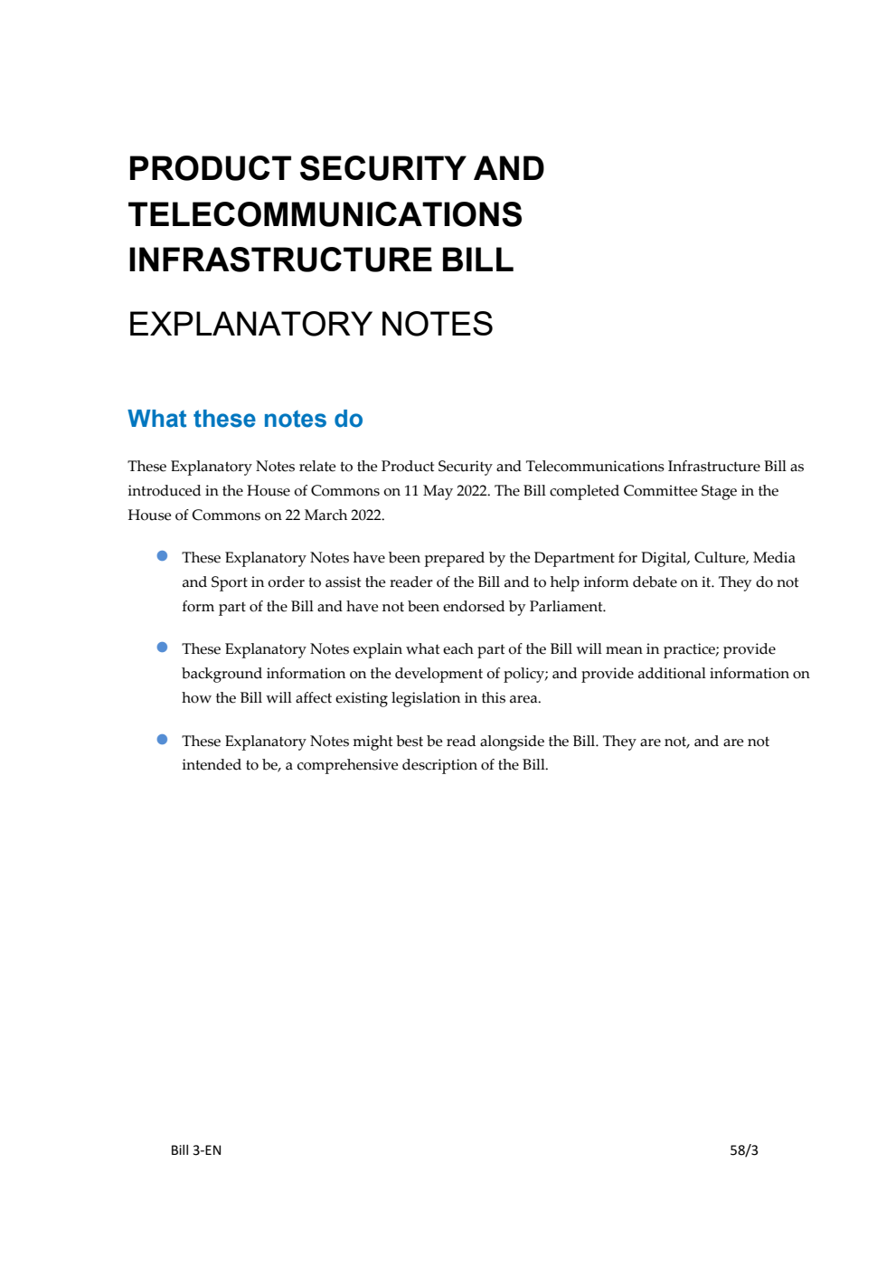 Product Security and Telecommunications Infrastructure Bill Explanatory Notes