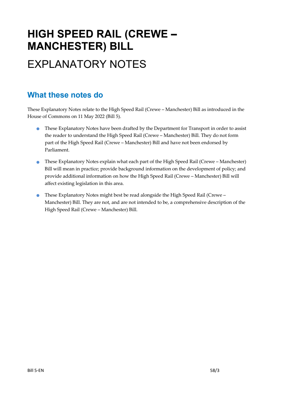 High Speed Rail (Crewe - Manchester) Bill Explanatory Notes