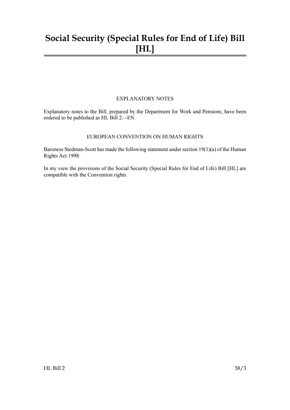 Social Security (Special Rules for End of Life) Bill