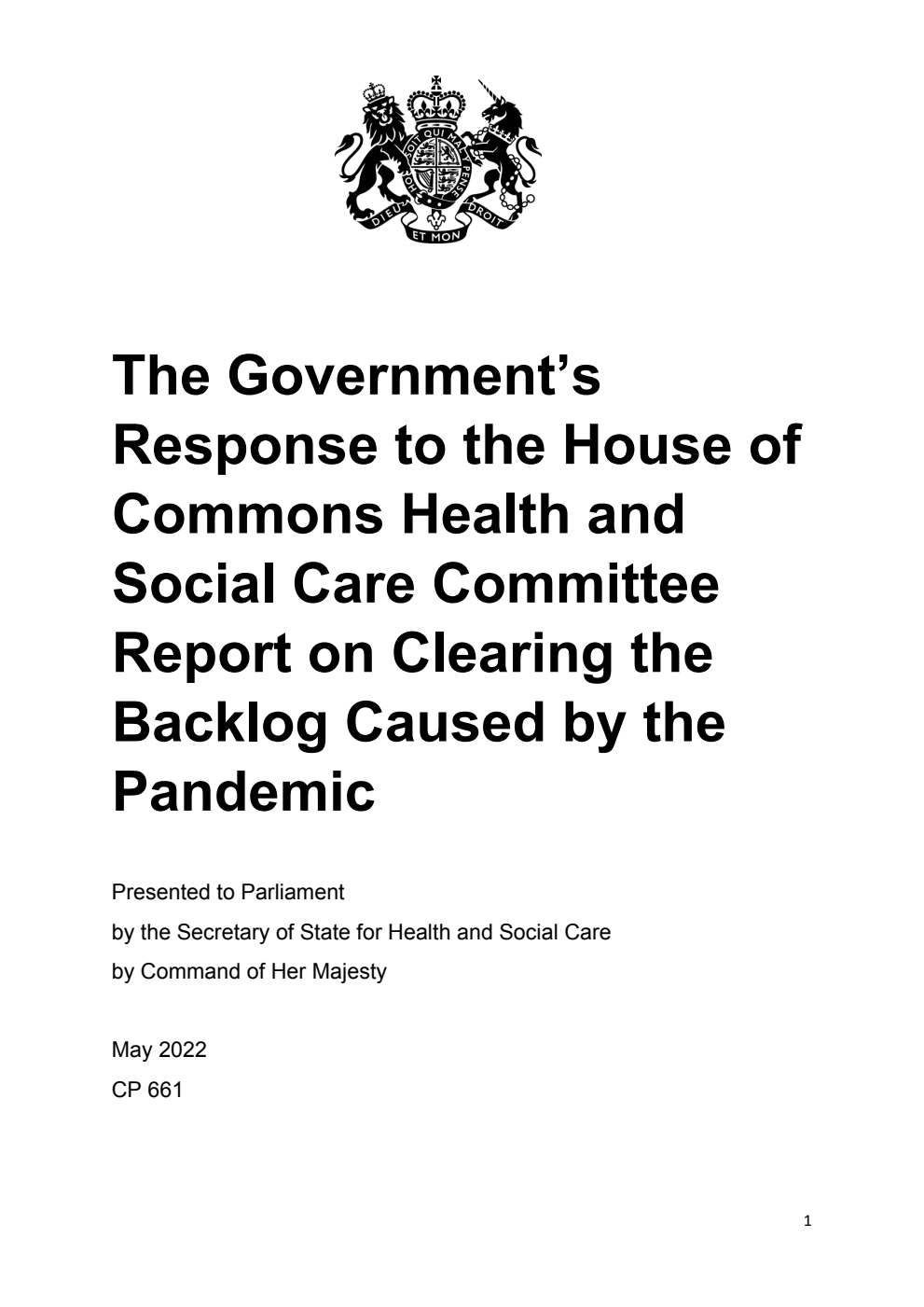 The Government’s Response to the House of Commons Health and Social Care Committee Report on Clearing the Backlog Caused by the Pandemic