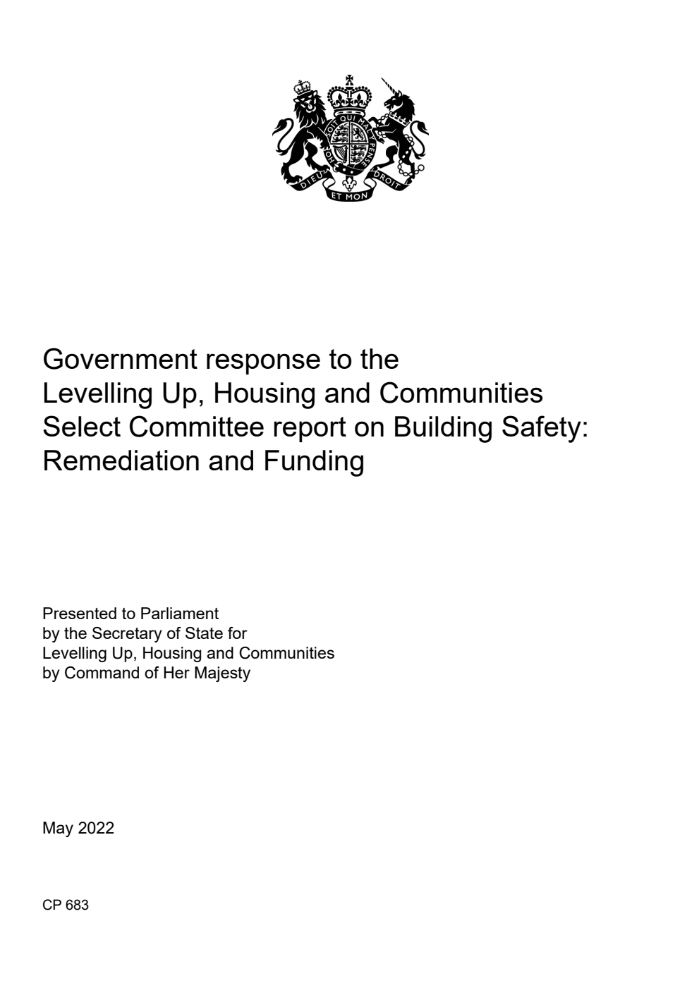 Government response to the Levelling Up, Housing and Communities Select Committee report on Building Safety: Remediation and Funding