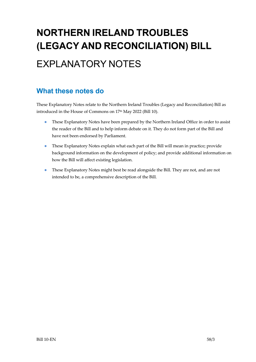 Northern Ireland Troubles (Legacy and Reconciliation) Bill Explanatory Notes
