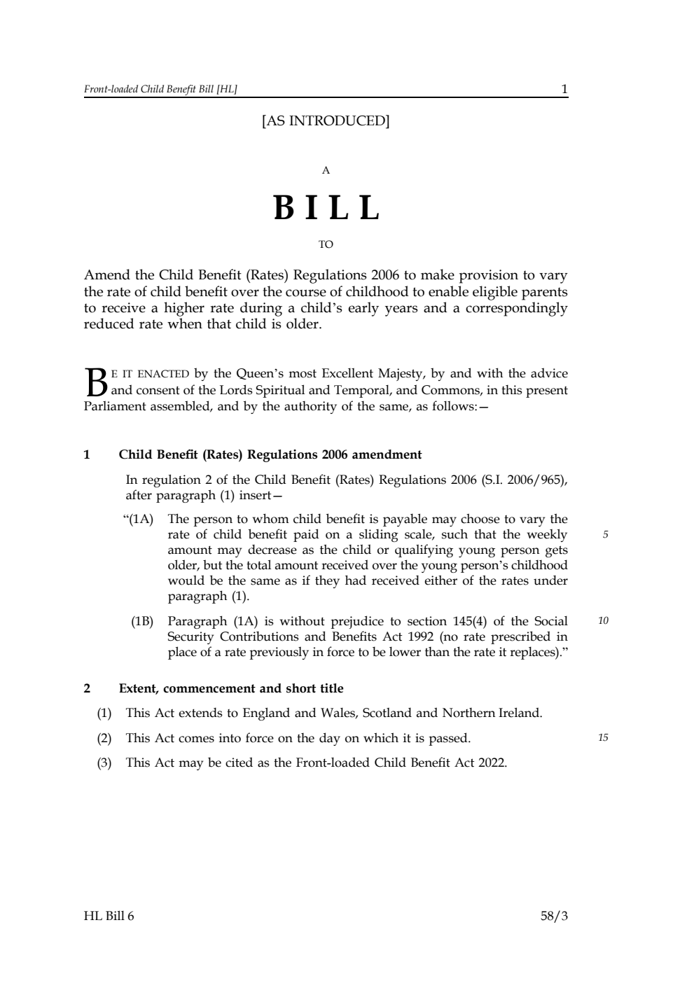 Front-loaded Child Benefit Bill