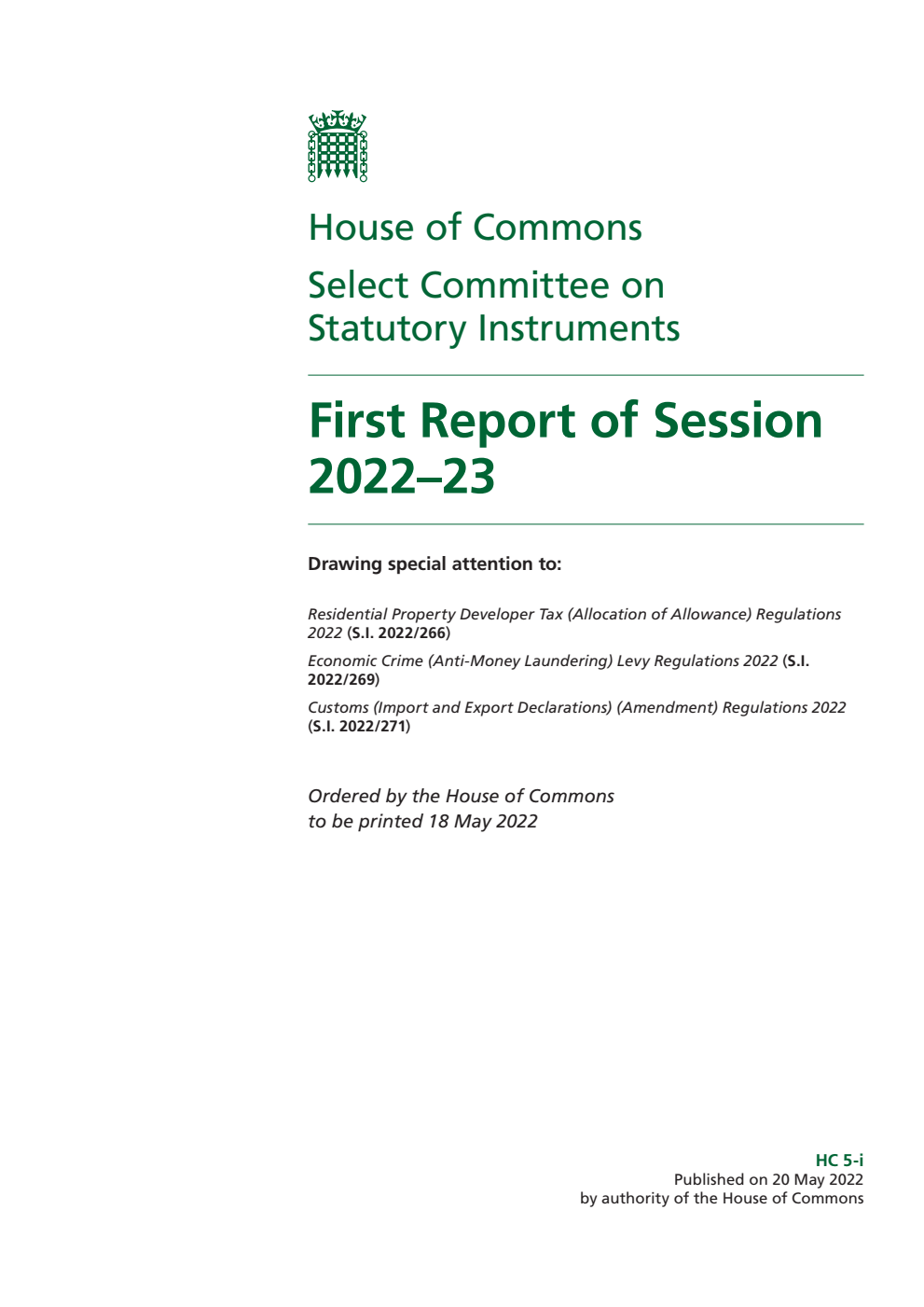 Statutory Instruments Committee 1st Report of Session 2022-23