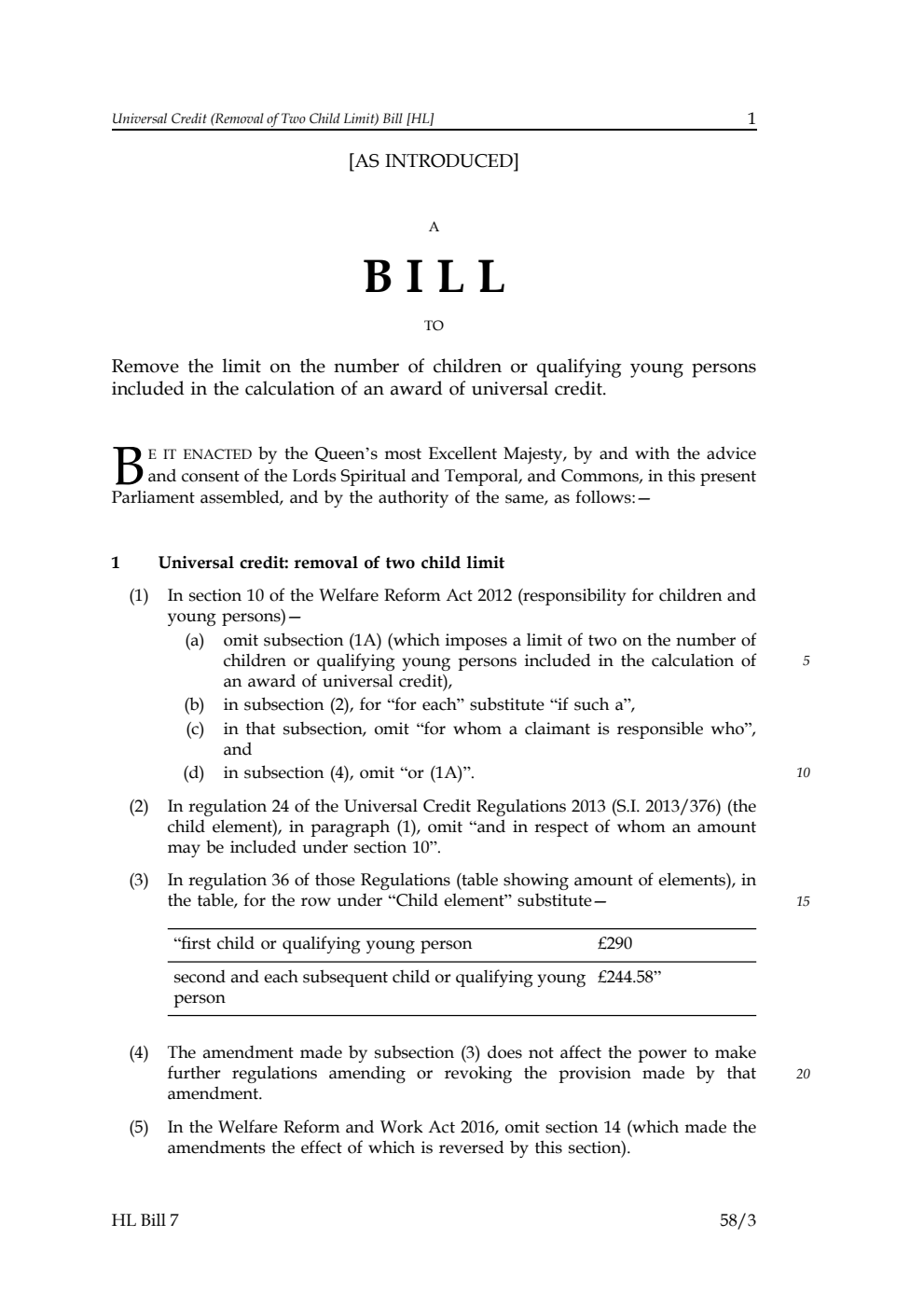 Universal Credit (Removal of Two Child Limit) Bill