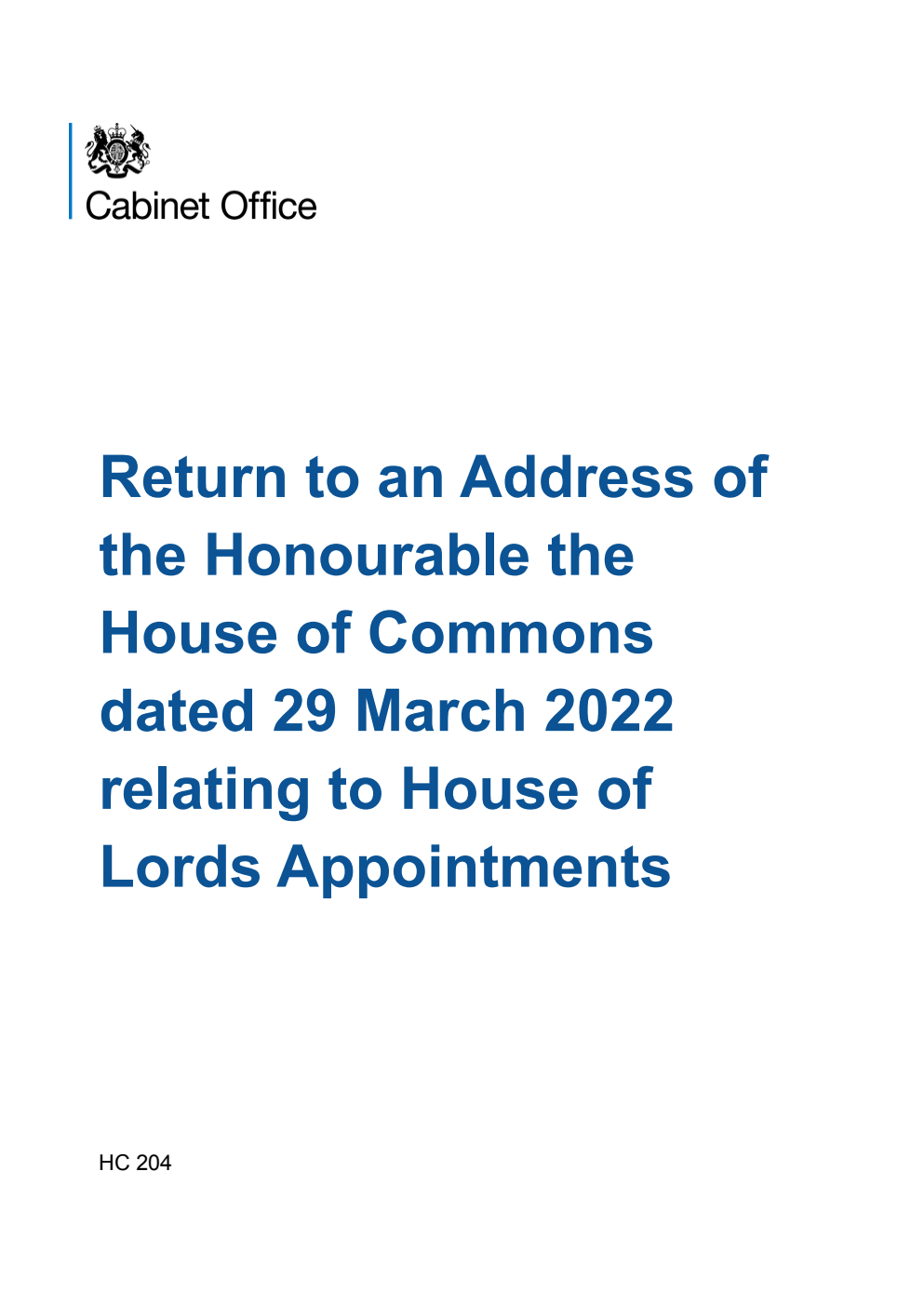 Return to an Address of the Honourable the House of Commons dated 29 March 2022 relating to House of Lords Appointments