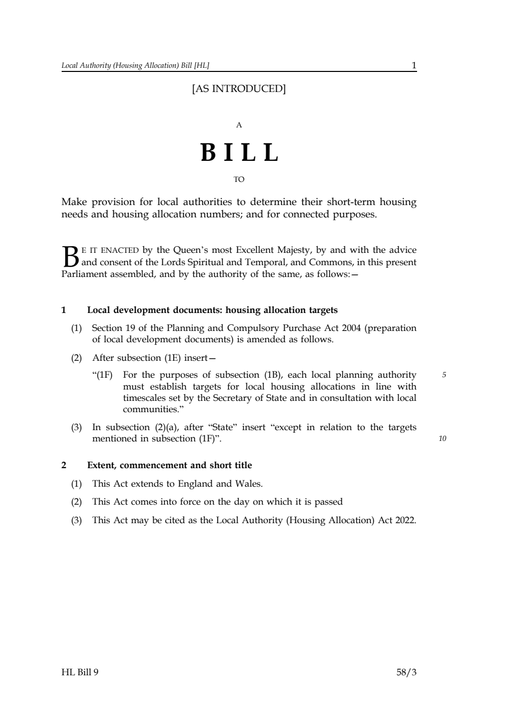 Local Authority (Housing Allocation) Bill