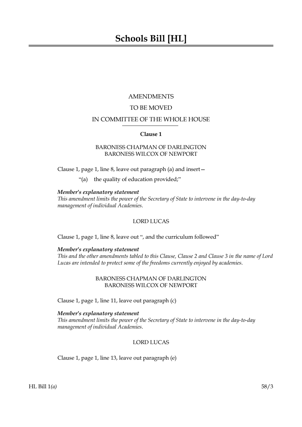 Schools Bill Amendments to be moved in Committee of the Whole House