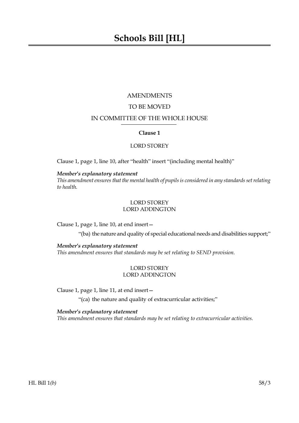 Schools Bill Amendments to be moved in Committee of the Whole House