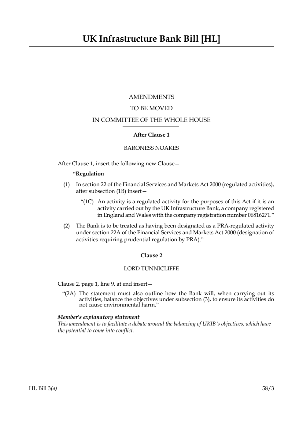 UK Infrastructure Bank Bill Amendments to be moved in Committee of the Whole House