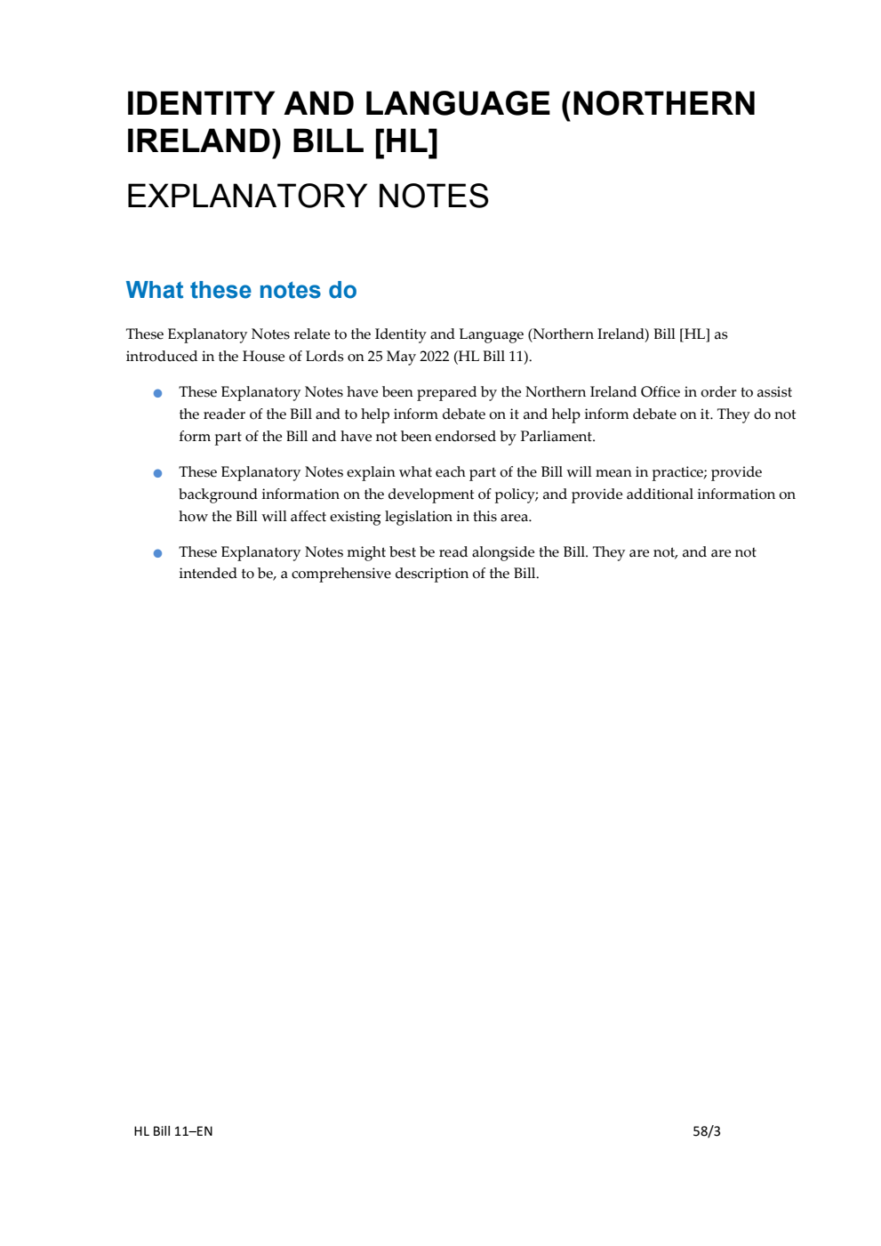 Identity and Language (Northern Ireland) Bill Explanatory Notes