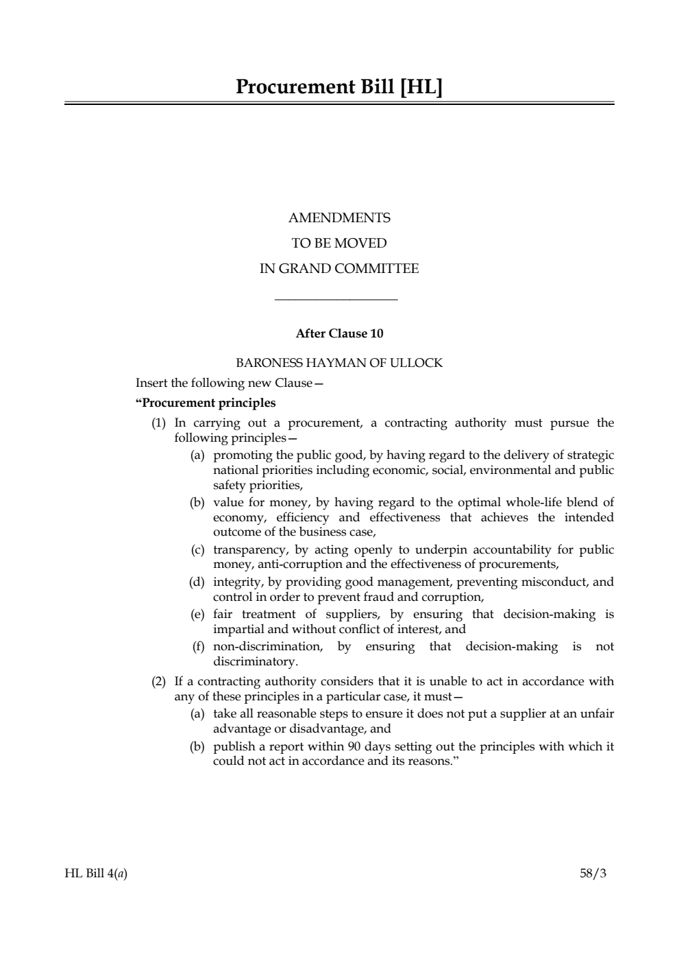 Procurement Bill Amendments to be moved in Grand Committee