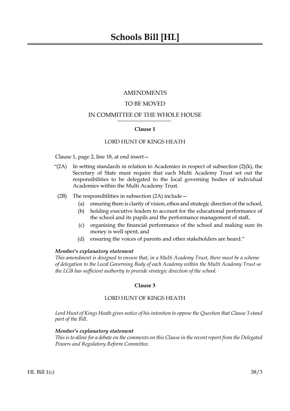 Schools Bill Amendments to be moved in Committee of the Whole House