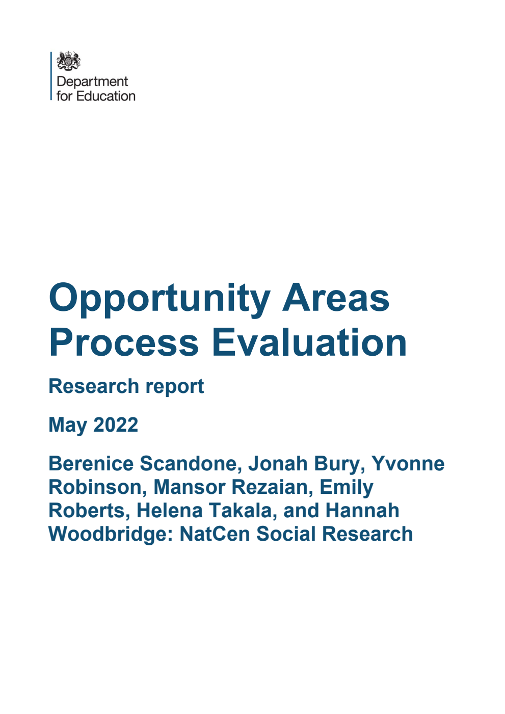 DFE-RR1220 Opportunity Areas Process Evaluation. Research report. May 2022