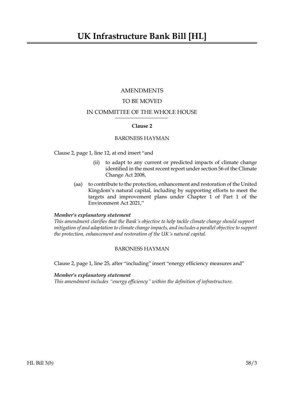 UK Infrastructure Bank Bill Amendments to be moved in Committee of the Whole House