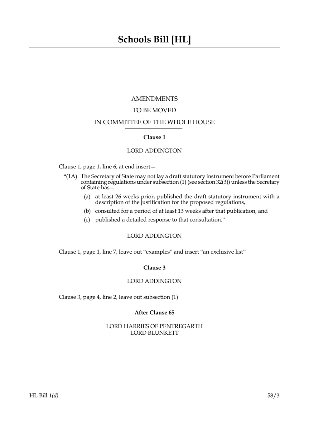 Schools Bill Amendments to be moved in Committee of the Whole House