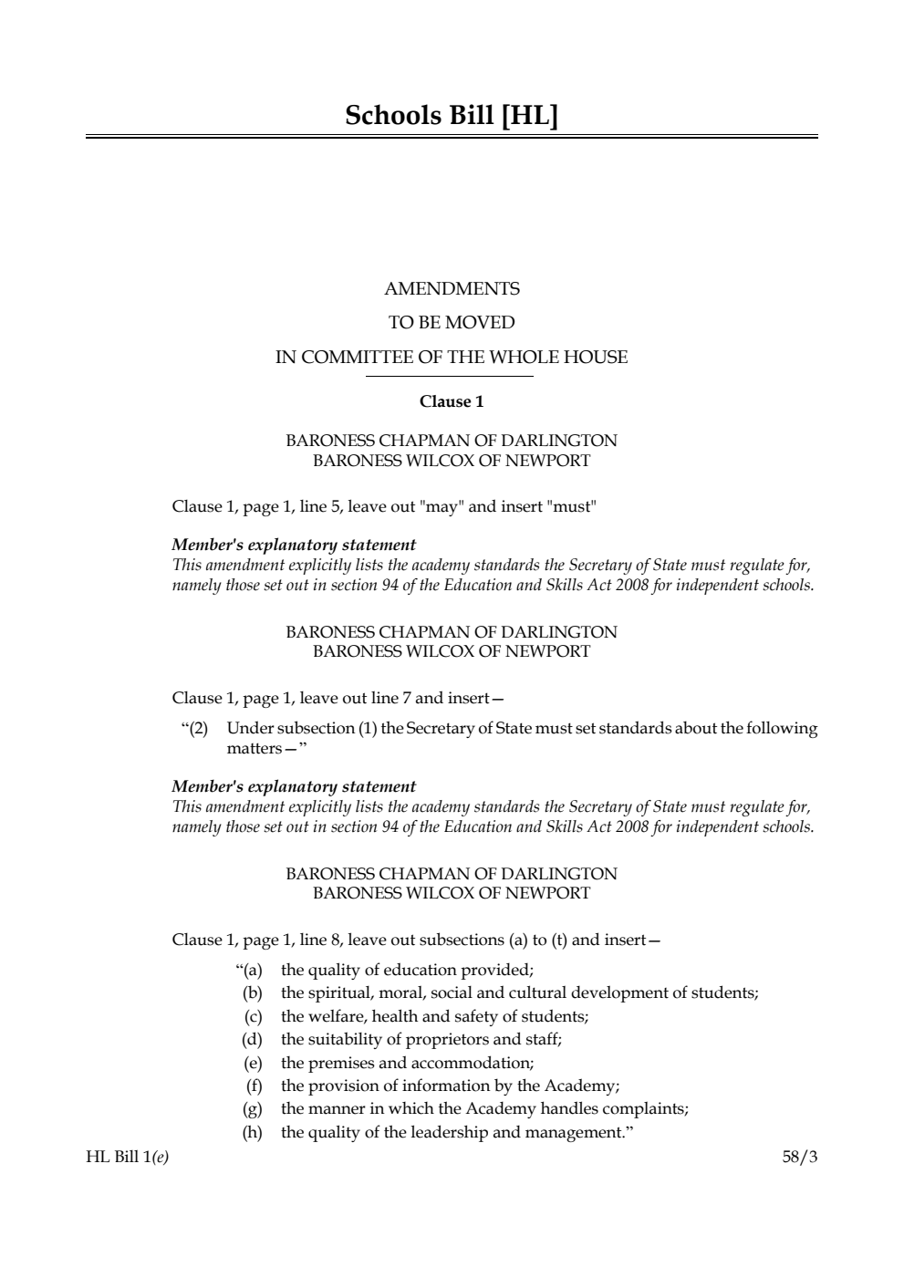 Schools Bill Amendments to be moved in Committee of the Whole House