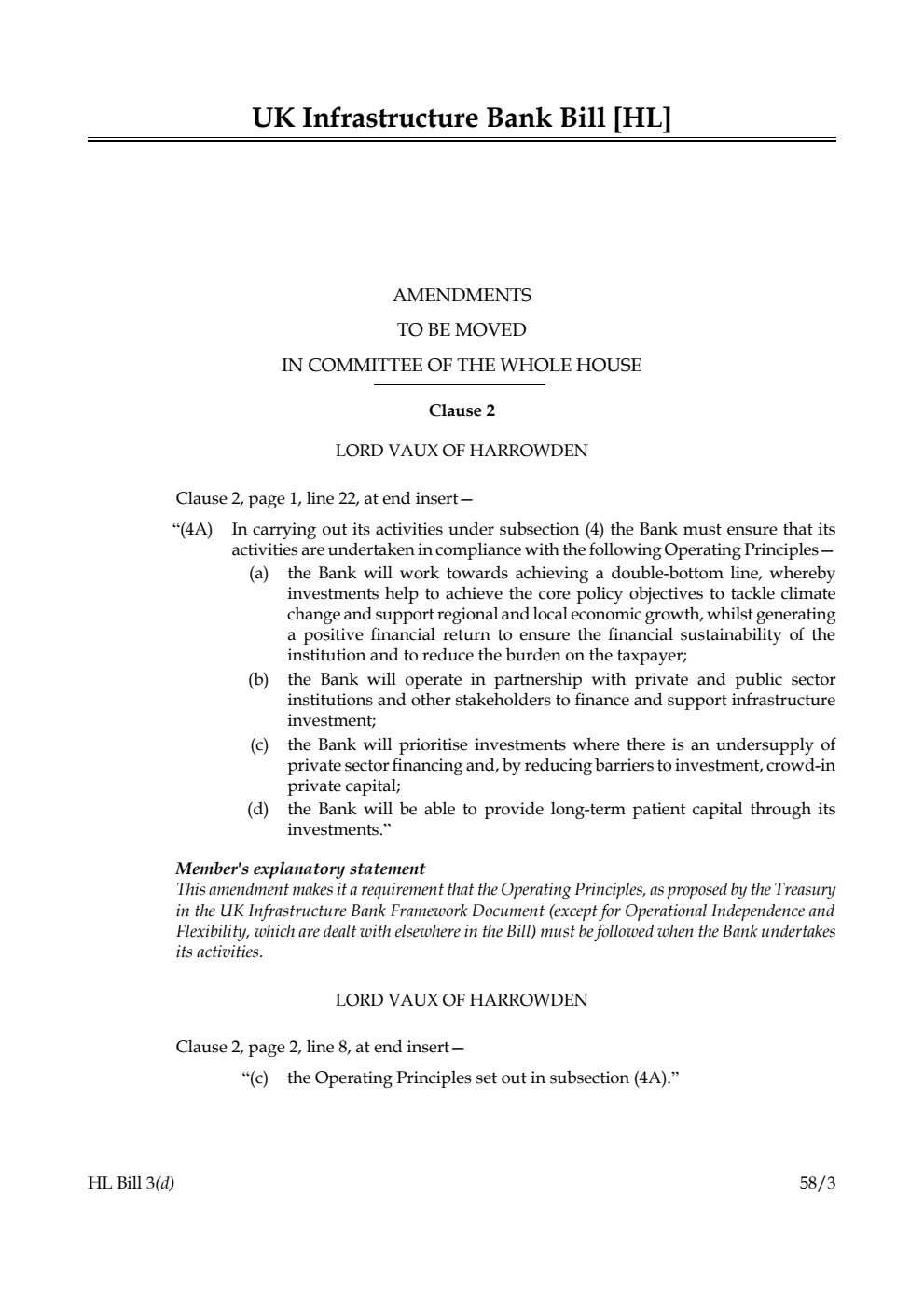 UK Infrastructure Bank Bill Amendments to be moved in Committee of the Whole House
