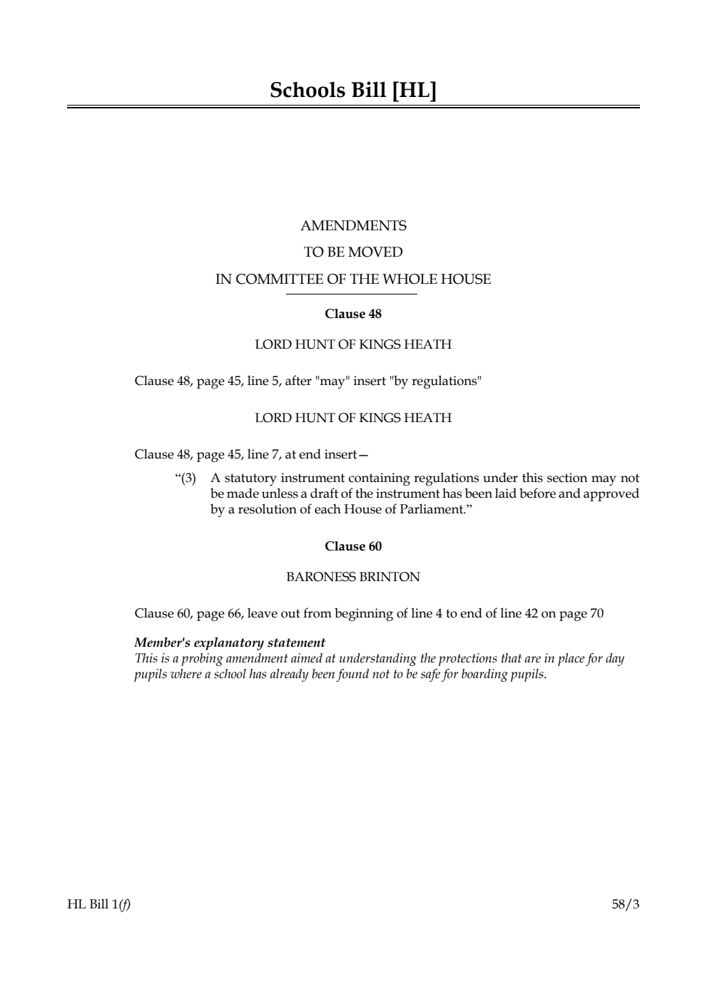 Schools Bill Amendments to be moved in Committee of the Whole House