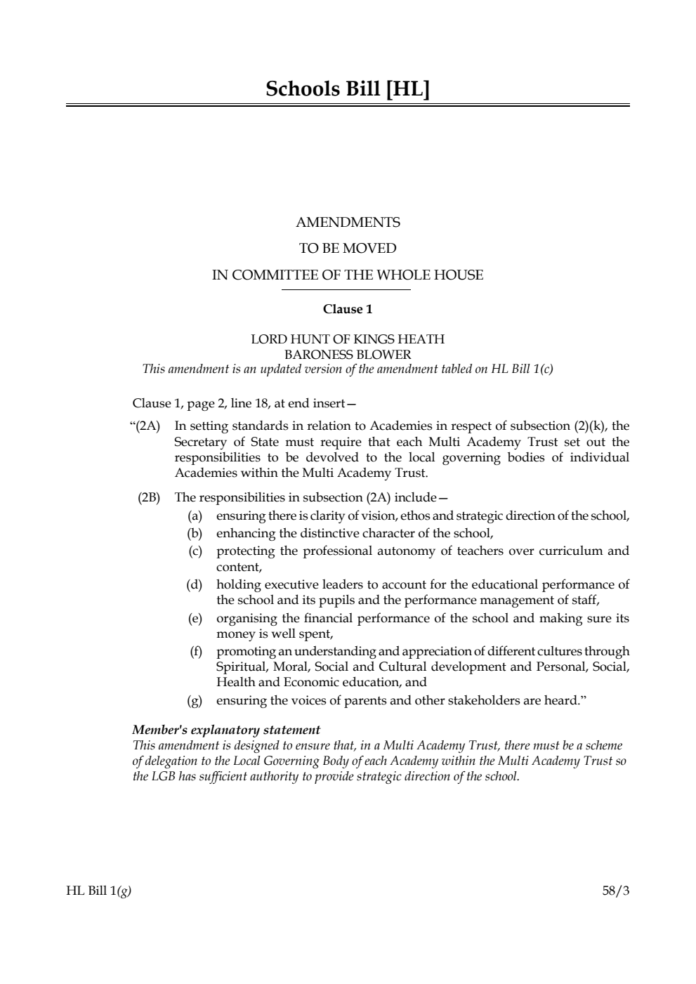 Schools Bill Amendments to be moved in Committee of the Whole House